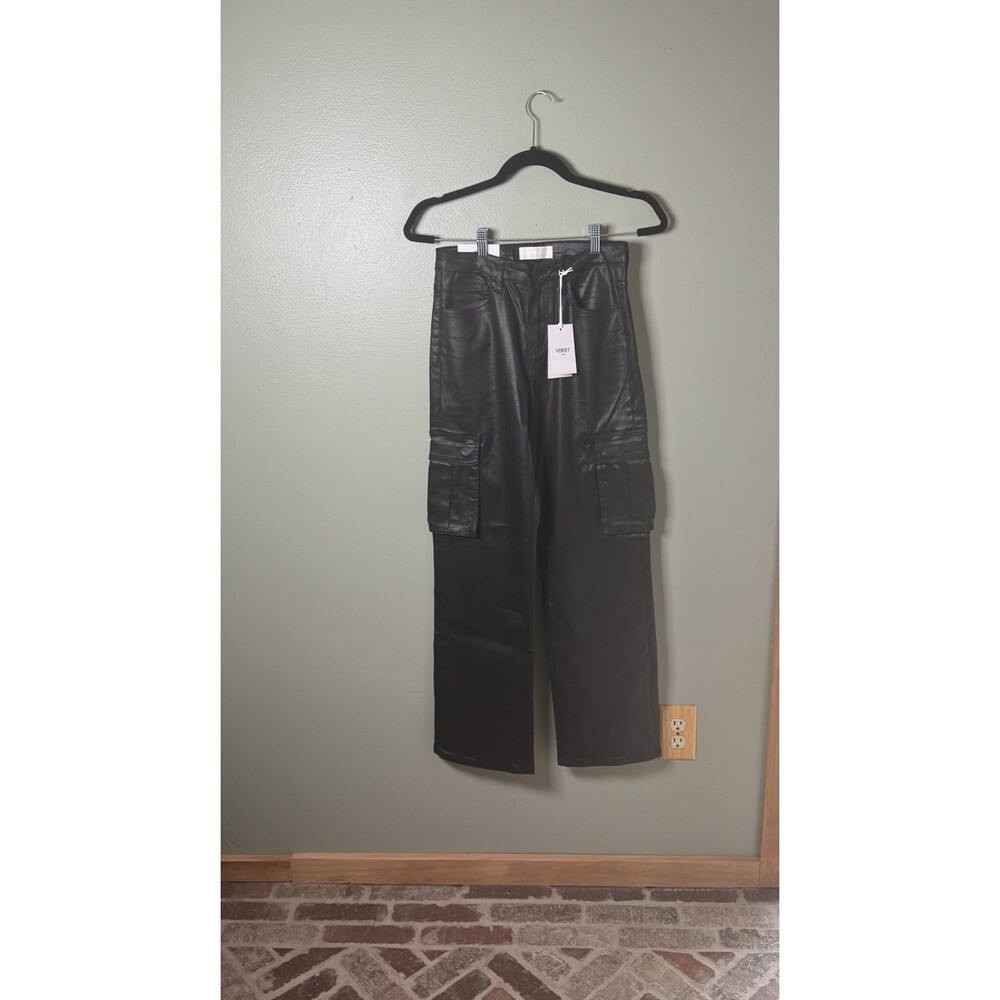 VERVET Kendall High Rise Dad Jeans Black Faux Leather Look Cargo Pants Sz 27 NWT